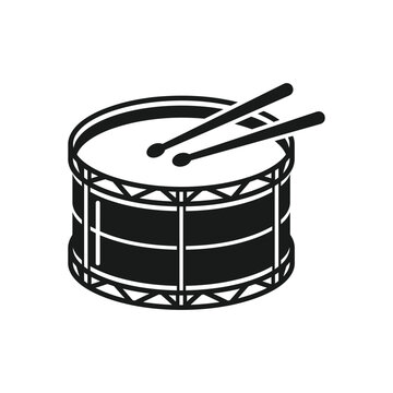 Snare drum with drumsticks black and white vector icon