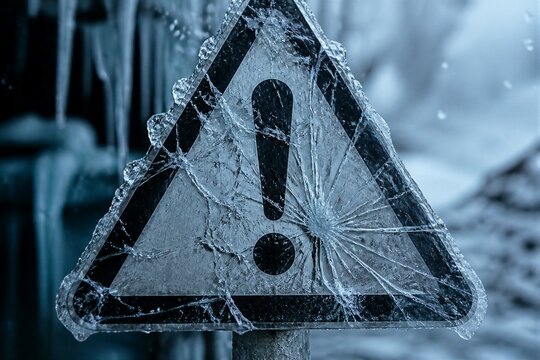 Warning sign frozen and cracked on roadside in cold winter