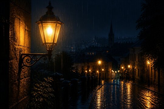 Street lantern glowing in rain on wet cobblestone city street