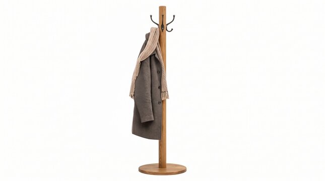 Oak coat stand with winter jacket and scarf ready for holiday guests in hallway. This minimalist wooden hall tree features dark metal hooks and a sturdy base for winter apparel storage.