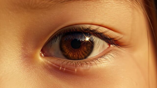 Warm cinematic macro close up video of a young child brown eye looking up with curiosity, showing innocent gaze, shiny cornea reflections, and eyelashes.