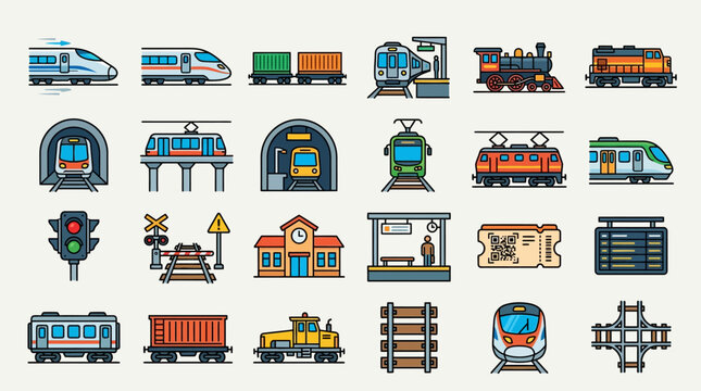 Comprehensive Railway and Train Icon Set featuring high-speed rail, locomotives, and station elements in flat vector style ideal for transportation infographics and travel apps.
