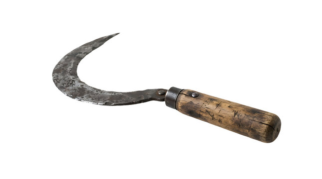 Traditional iron farming sickle with rustic wooden handle