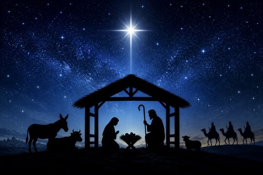 Nativity scene silhouettes under bright guiding star