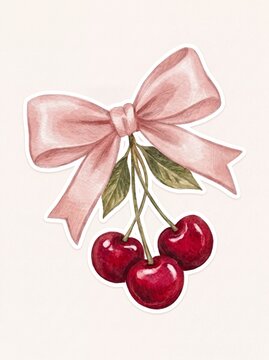 Watercolor Red Cherries with Pastel Pink Ribbon Bow Coquette Sticker Illustration