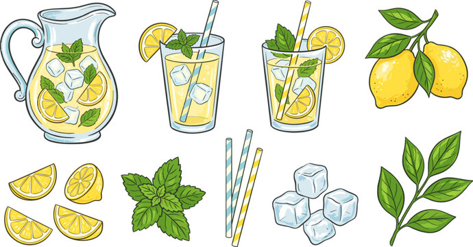 Lemonade pitcher glass clip art lemon mint leaves ice cubes straws summer drink illustration set fresh citrus beverage