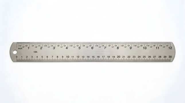 A high-quality stainless steel ruler featuring both imperial and metric measurement scales isolated on a clean white background for precise drafting