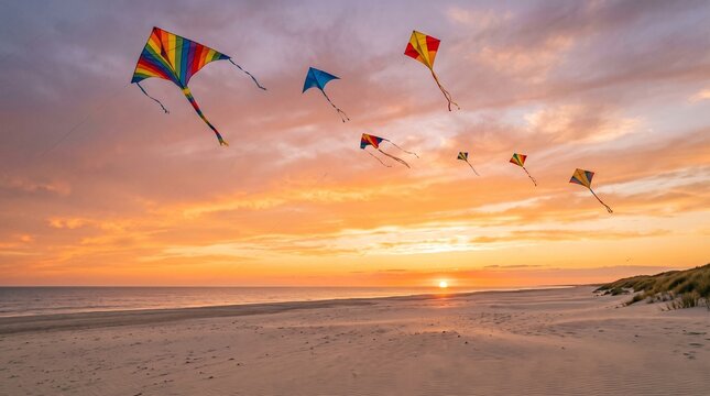 Colorful kites flying in the sky over a sandy beach at sunset with calm ocean waves