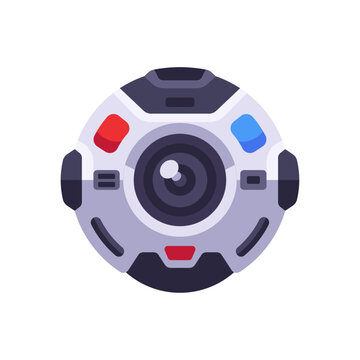 Spherical inspection robot icon with camera eye, flat illustration