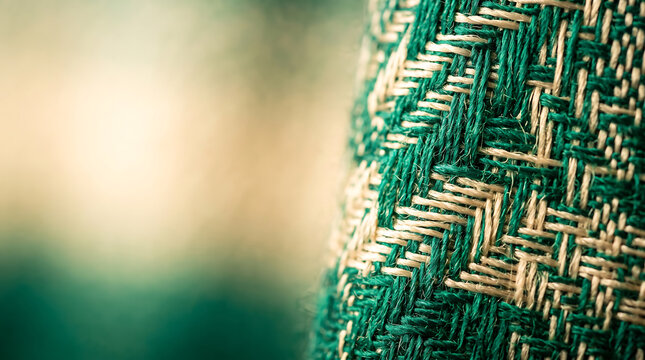 Close-up of green and beige woven fabric with a herringbone pattern, featuring a soft-focus blurred background, and visible textile fibers