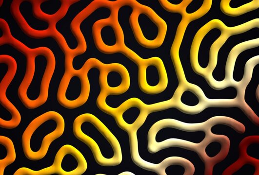 Organic coral texture, reaction diffusion in orange, red and yellow on black background, abstract digital art