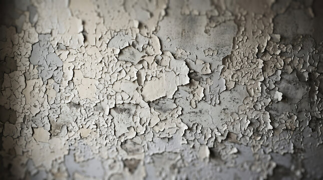 Close-up of weathered wall surface with layers of peeling, cracked, and flaking off-white paint revealing grey concrete texture underneath