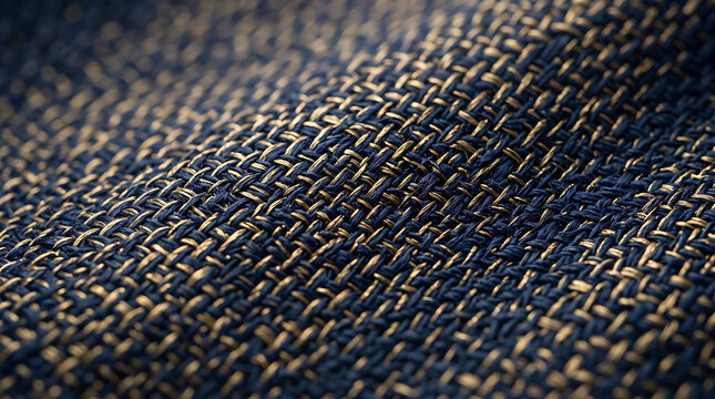 Close-up view of a folded dark navy blue and metallic gold woven fabric with a visible cross-hatch textile pattern and shallow depth of field