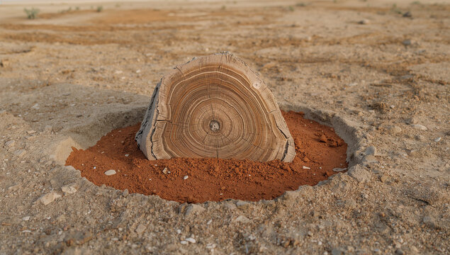 A circular cross section of a tree trunk log standing upright in a hole dug into dry sandy desert ground with red soil surrounding the wood base