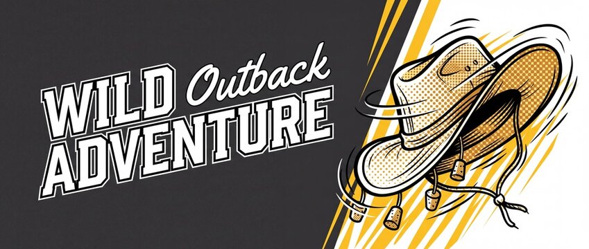 Australian outback adventure cork hat banner graphic illustration in comic book halftone style with dynamic wild travel text logo design for australian tourism expedition concept horizontal poster