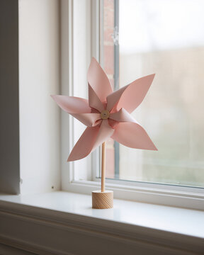 A light pink paper pinwheel toy on a wooden stick stand placed on a white window sill with soft natural daylight illuminating the indoor scene