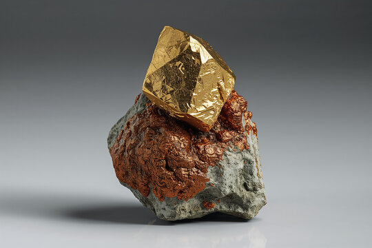 A sharp, metallic golden pyrite crystal cluster sitting on of a rough, grey, porous rock with patches of reddish-brown iron oxide deposits