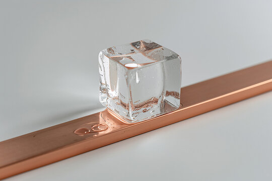 A single clear ice cube sitting on a polished copper metal bar, showing melting water droplets on the reflective surface against a gray background