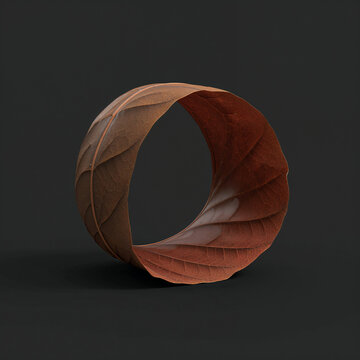 A single curled brown autumn leaf formed into a circular ring shape, isolated on a solid dark grey background, studio lighting, macro