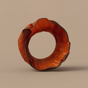 A single curled brown autumn leaf formed into a circular ring shape, isolated on a solid light beige background, studio lighting