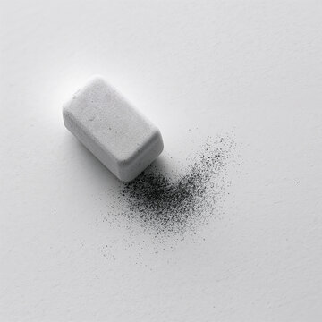 A small white rectangular eraser resting on a white surface, surrounded by a pile of dark grey pencil lead shavings and fine graphite dust residue