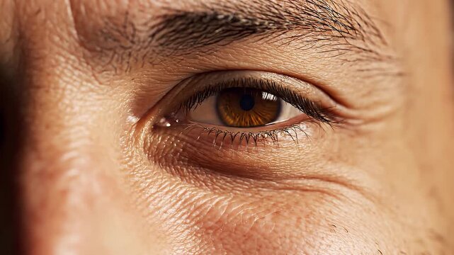 Detailed macro shot video of a warm brown male eye looking around and blinking gently, displaying fine eyelid wrinkles and natural skin tone.