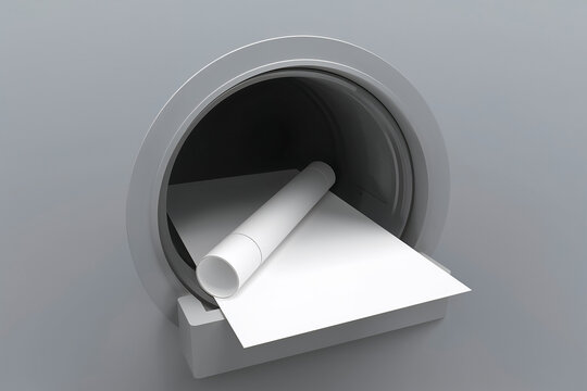 A white sheet of paper and a rolled document resting inside a circular opening of a metallic gray wall structure with a smooth matte finish