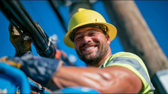 A smiling utility worker in a yellow helmet, reflective vest and gloves handles overhead cables beside a pole against a clear blue sky