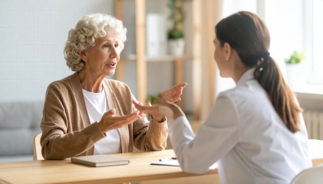 Healthcare consultation for seniors elderly woman talking to doctor about medical treatment and health concerns during a clinic visit in a bright office