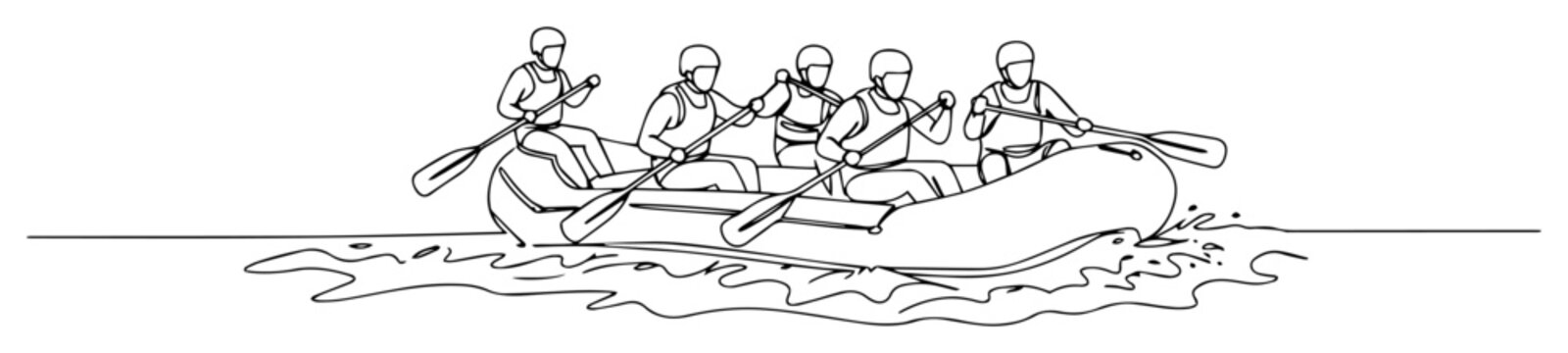 Whitewater rafting team paddling inflatable boat continuous line drawing