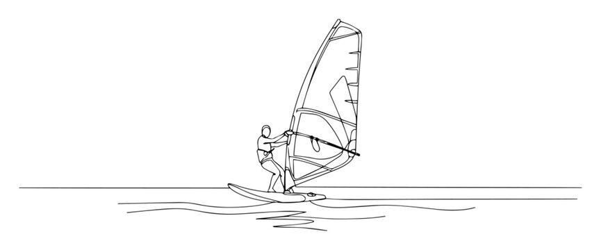 Windsurfer on board black line art vector illustration