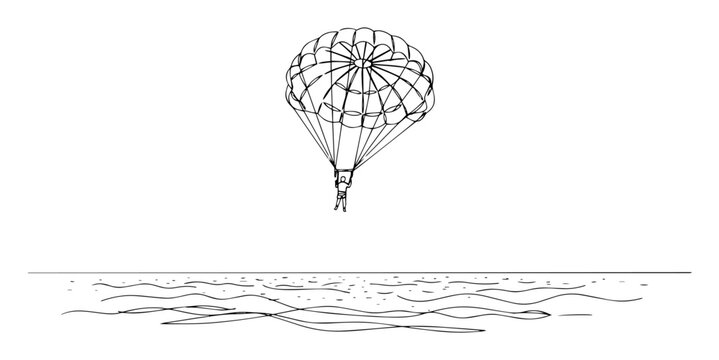 Parasailing parachute over water black line art vector illustration