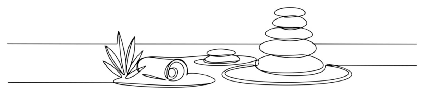Spa stones towel bamboo zen relaxation continuous line art vector