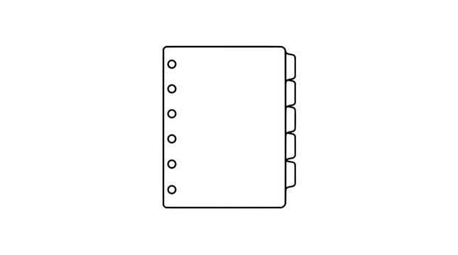 Minimalist outline illustration of a notebook divider page with six punched holes along the left edge and five protruding index tabs along the right edge drawn in thin lines in frontal display