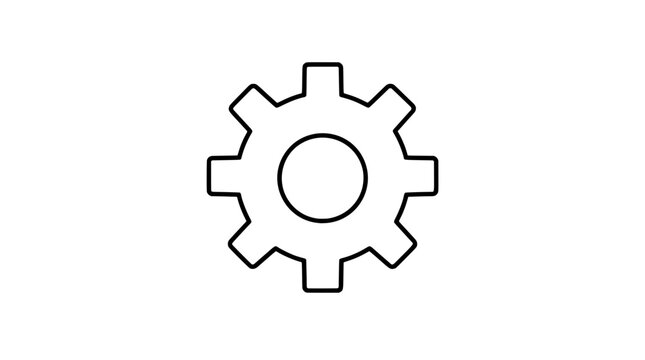 Bold black outline vector icon of a cogwheel gear with eight blunt rectangular teeth around a circular ring and large empty center hole drawn with thick uniform lines in compact centered front view