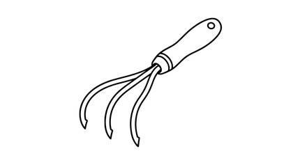 Obraz premium Black outline vector icon of a garden hand cultivator with a short rounded handle and three curved pointed tines fanning outward drawn with thin lines in diagonal composition emphasizing utility
