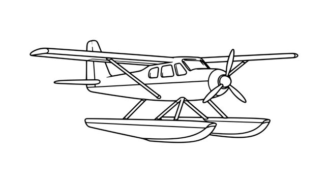 Black outline vector icon of a single propeller floatplane with high wings cabin windows and twin pontoons on struts drawn with thin precise lines in centered aerial view highlighting tail assembly