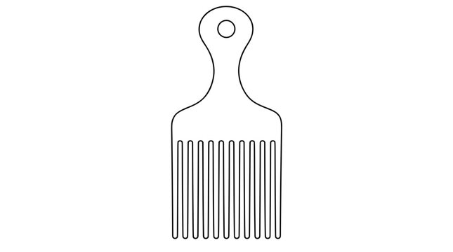 Black outline vector icon of a wide-tooth hair pick with straight teeth and rounded handle pierced by circular hole drawn with bold lines in vertical composition celebrating textured styling heritage