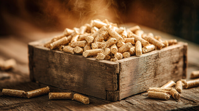 Wood pellets biomass granules heating fuel in rustic wooden box with smoke vapor close up, eco friendly alternative energy production and sustainable biofuel concept
