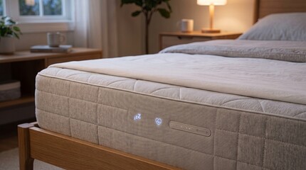 Fototapeta premium Smart mattress surface with illuminated sensor icons on wooden bed in cozy bedroom