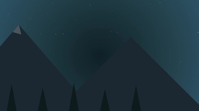 Mountain silhouettes rise behind pine trees under a starry sky