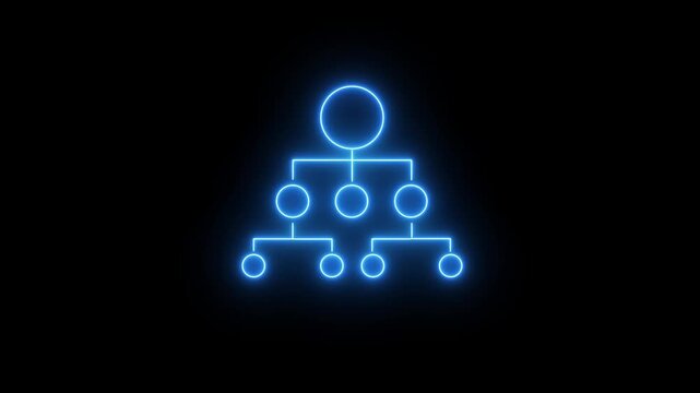 Glowing blue neon organizational hierarchy chart with connected circles, business team structure and corporate management concept on 4k motion graphics animation video.
