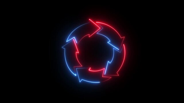Neon circle arrows icon. Round reload sign, repeat icon, rotate arrow symbol,back background in motion graphics animation video.4k