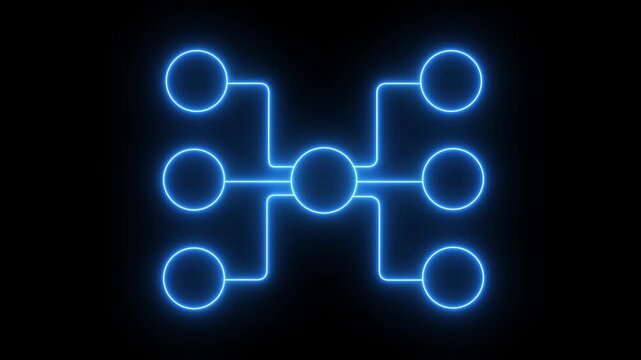 Glowing blue neon network diagram with connected circular nodes, digital connection, technology communication and data flow.Motion graphics on transparent background .4k video.