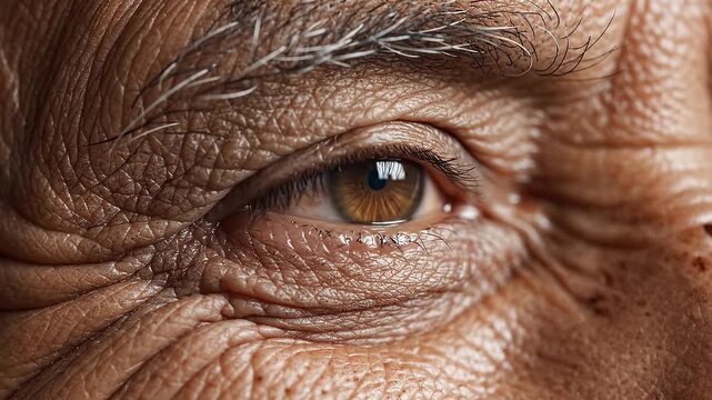 Close up macro video of an elderly person with expressive brown eye surrounded by deep aged skin wrinkles and gray eyebrows looking sideways.