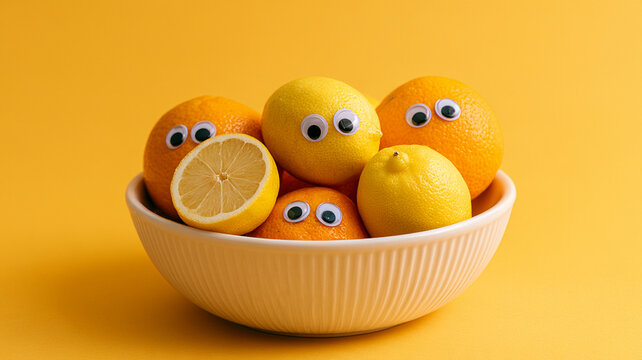 Citrus fruits with googly eyes on bright yellow background, funny April Fools Day prank concept