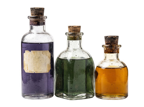 Antique Apothecary Glass Bottles with Colored Potions, Vintage Witch Prop Set Isolated on Transparent Background