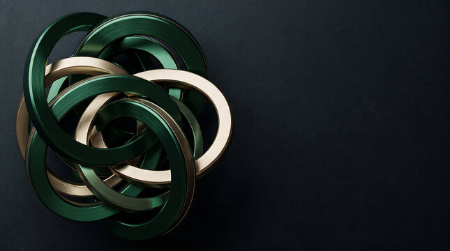 Interlocking metallic torus rings in dark green and gold, arranged in a complex circular cluster against a solid black background, top-down view of brushed metal loops