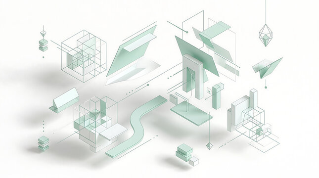 Isometric background, featuring thin line, geometric shapes, wireframe, cubes, and light, mint green 3D, architectural on a, white surface