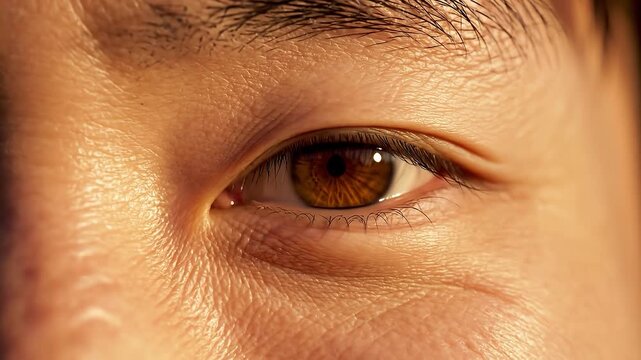 Detailed macro close up video of a young woman blinking her warm brown eye, showing fine natural skin texture, eyelashes, and shiny cornea.